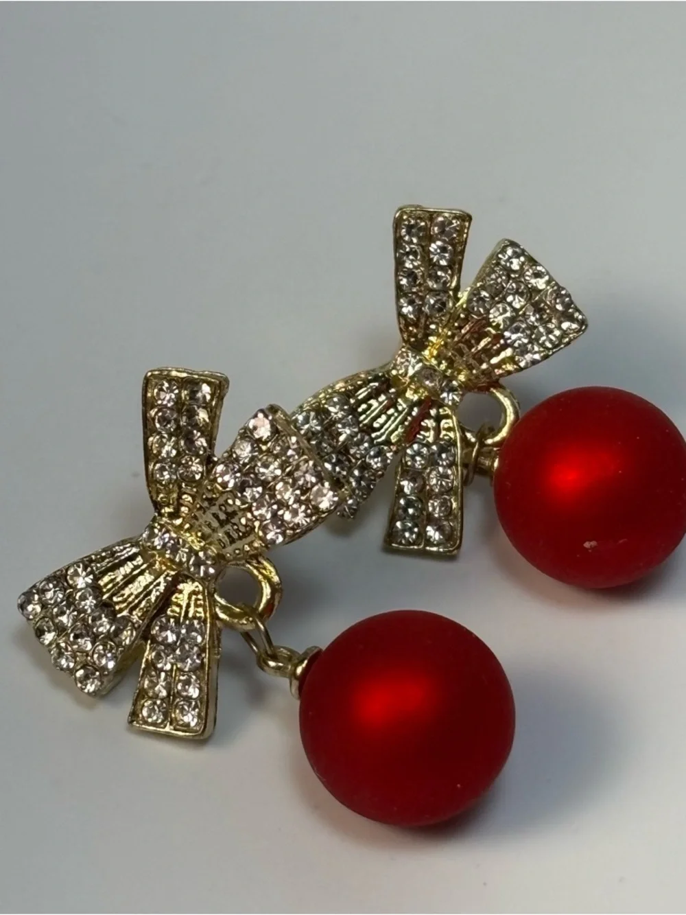 Gold‎ Bow Earrings with Red Pearl Drops